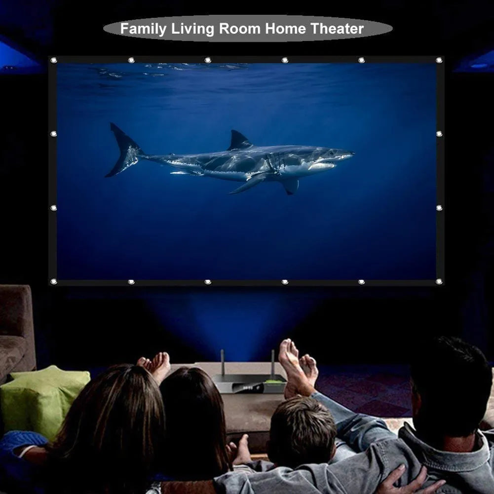 White foldable 150-inch 4:3 portable projector screen laid out flat on a floor.