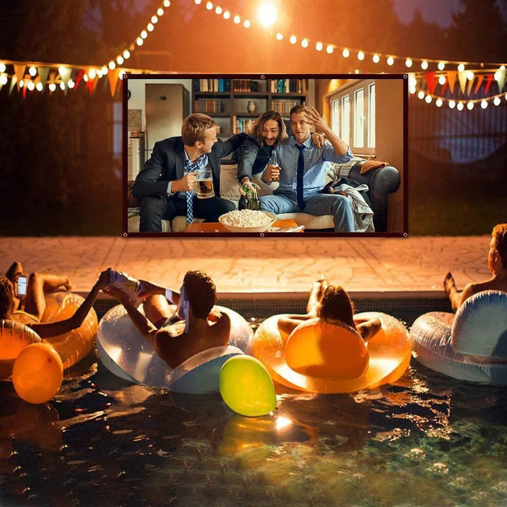 White foldable 150-inch 4:3 portable projector screen laid out flat on a floor.