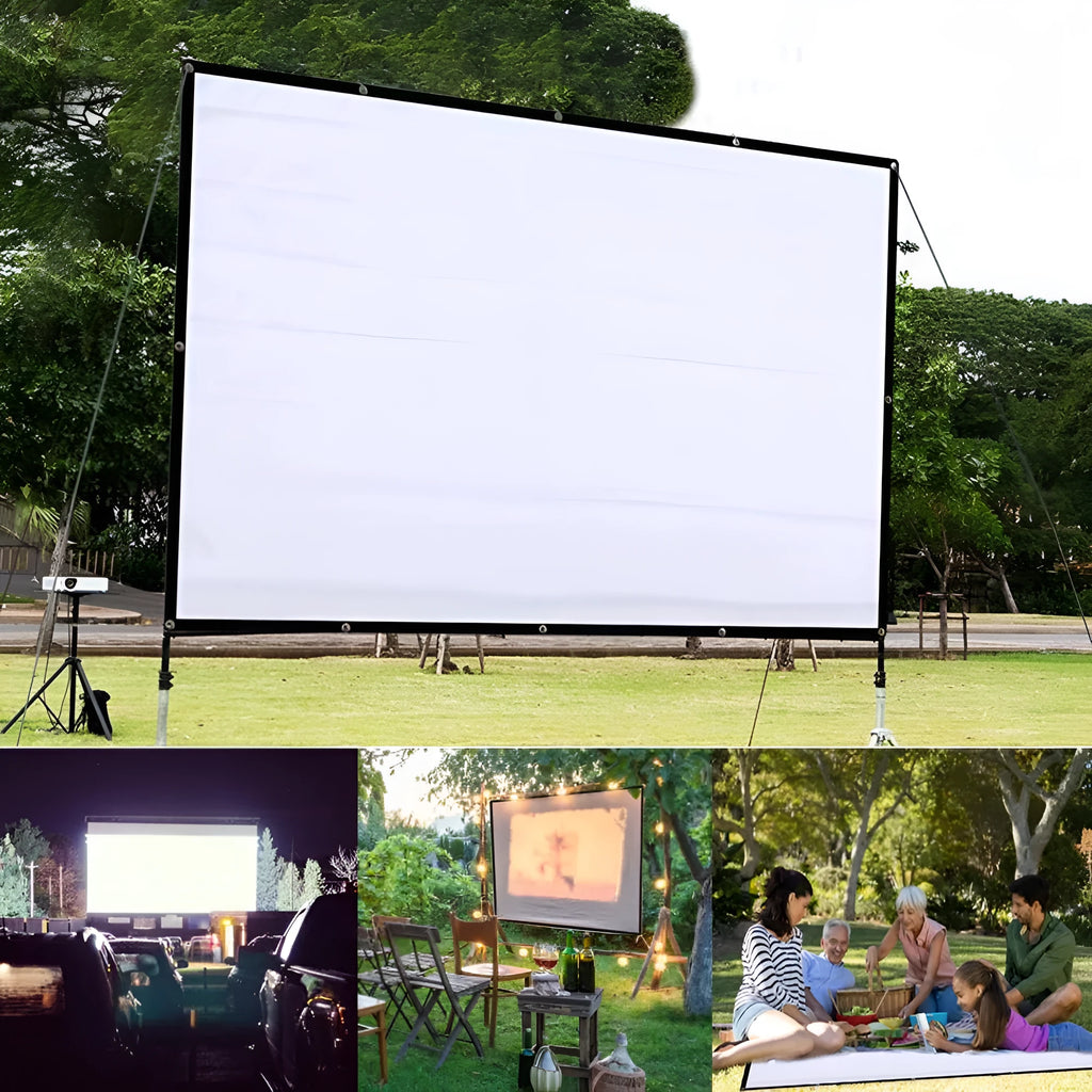 White foldable 150-inch 4:3 portable projector screen laid out flat on a floor.