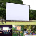 White foldable 150-inch 4:3 portable projector screen laid out flat on a floor.