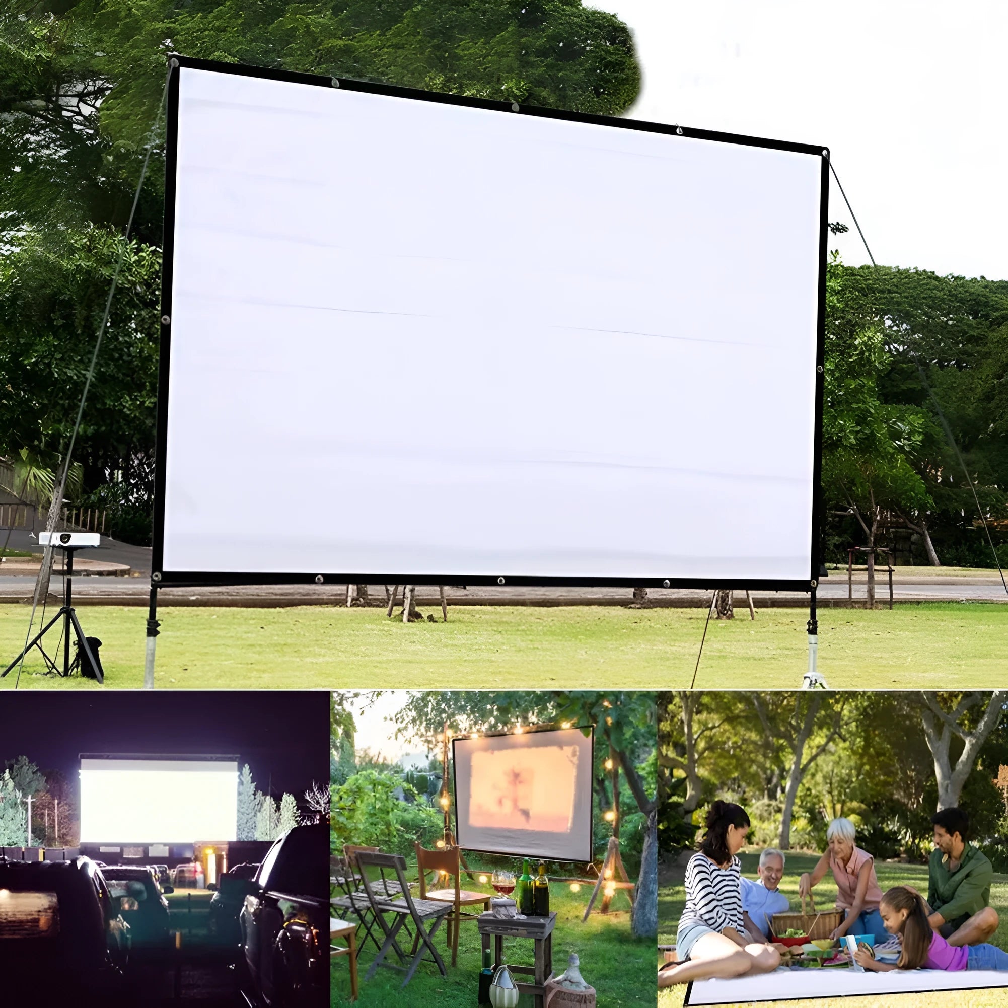 White foldable 150-inch 4:3 portable projector screen laid out flat on a floor.