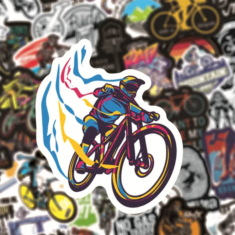Pack of 50 bicycle-themed vinyl stickers for decorating notebooks and laptops.