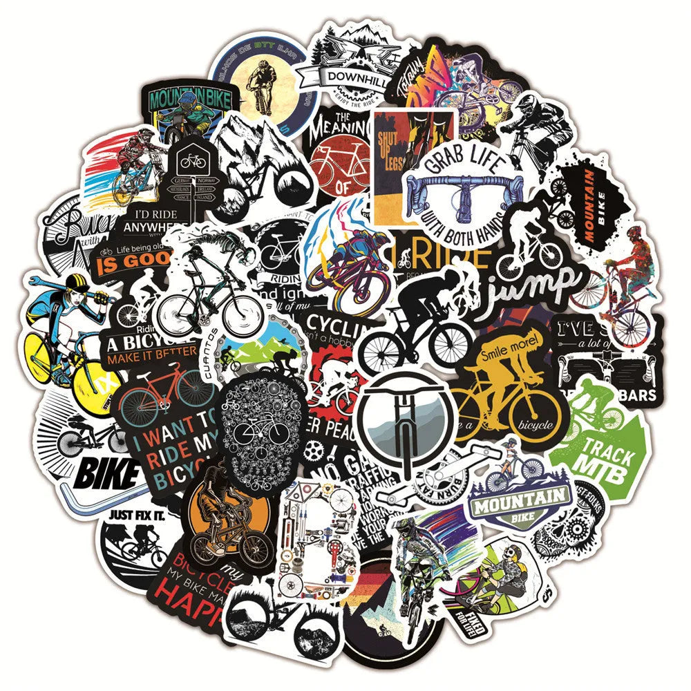 Pack of 50 bicycle-themed vinyl stickers for decorating notebooks and laptops.