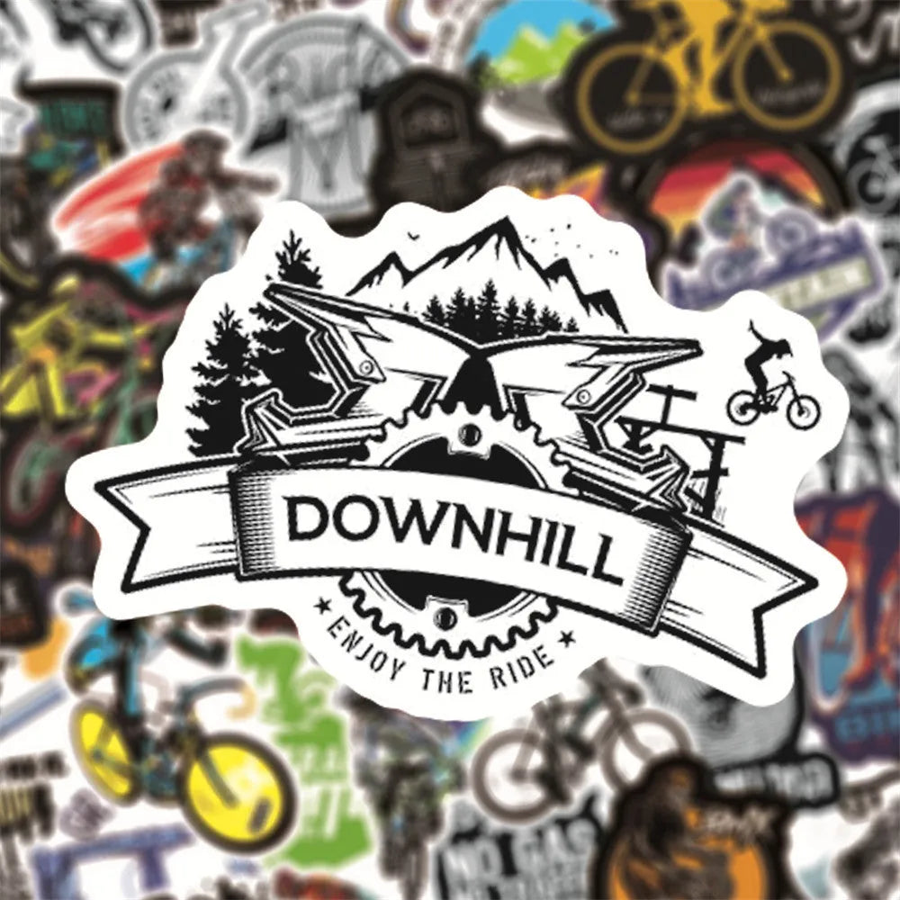 Pack of 50 bicycle-themed vinyl stickers for decorating notebooks and laptops.