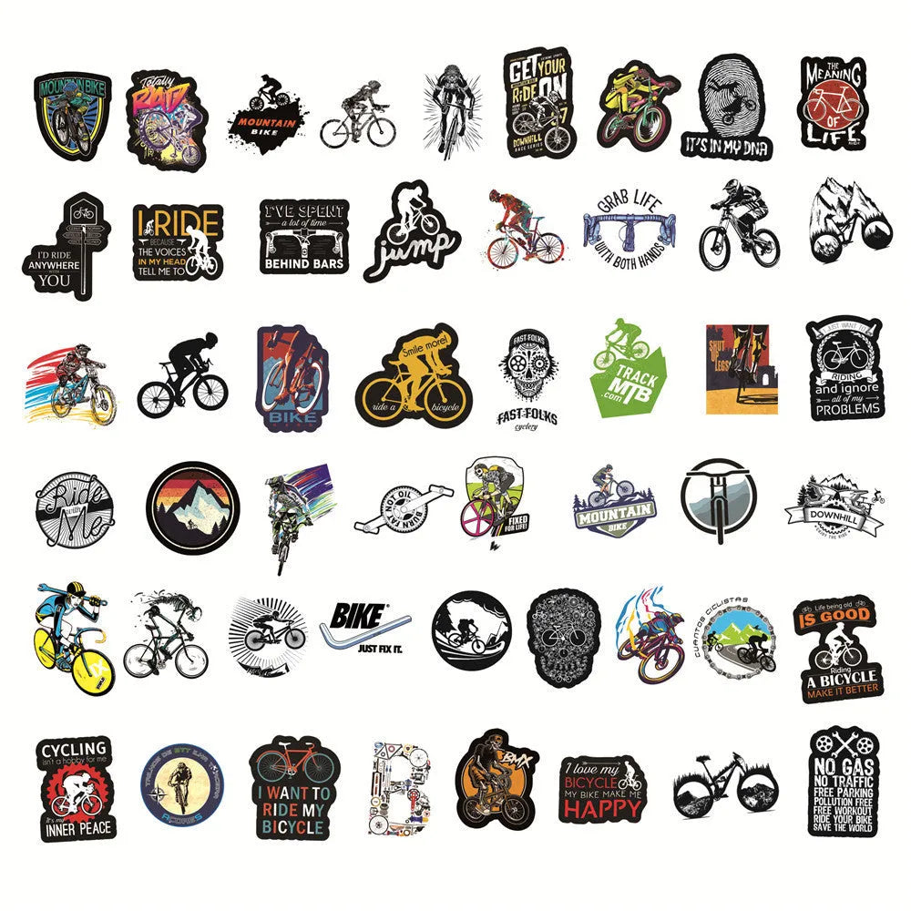 Pack of 50 bicycle-themed vinyl stickers for decorating notebooks and laptops.