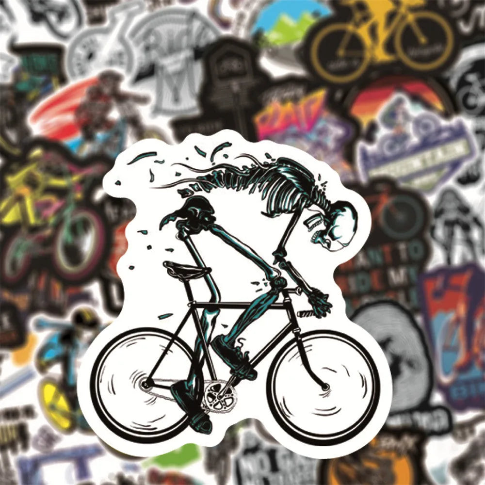 Pack of 50 bicycle-themed vinyl stickers for decorating notebooks and laptops.