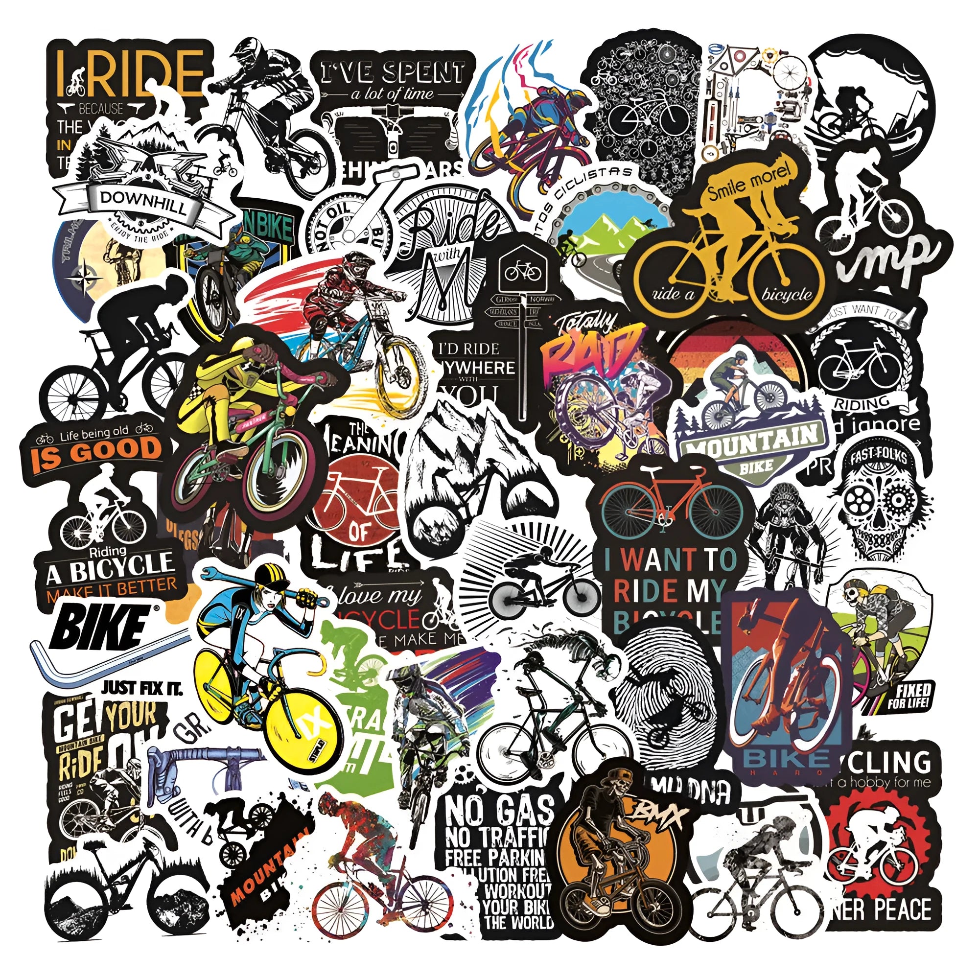 Pack of 50 bicycle-themed vinyl stickers for decorating notebooks and laptops.