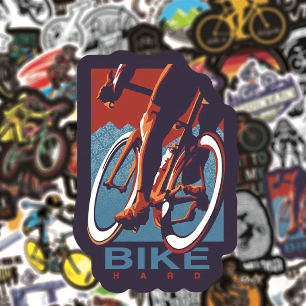 Pack of 50 bicycle-themed vinyl stickers for decorating notebooks and laptops.