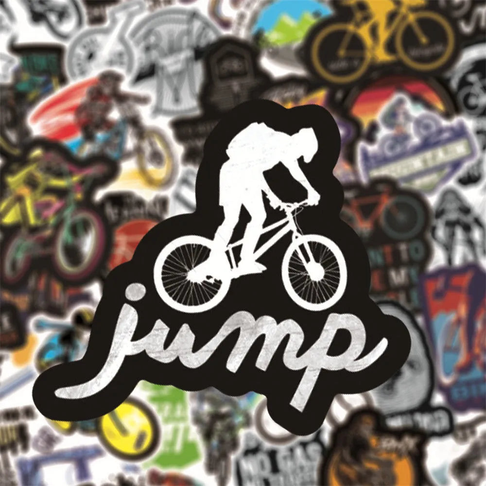 Pack of 50 bicycle-themed vinyl stickers for decorating notebooks and laptops.