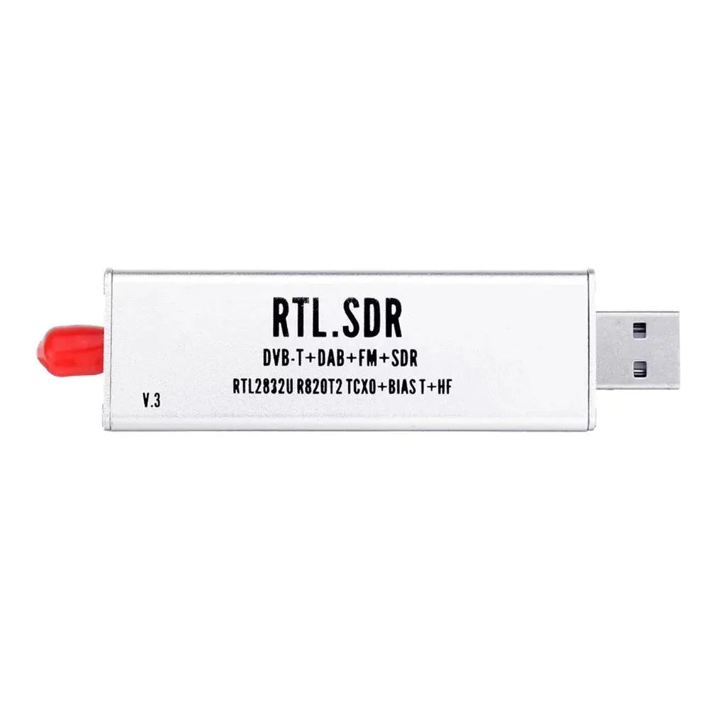 Black metal all-band software-defined radio SDR receiver with gold SMA connector for aviation and general radio scanning.