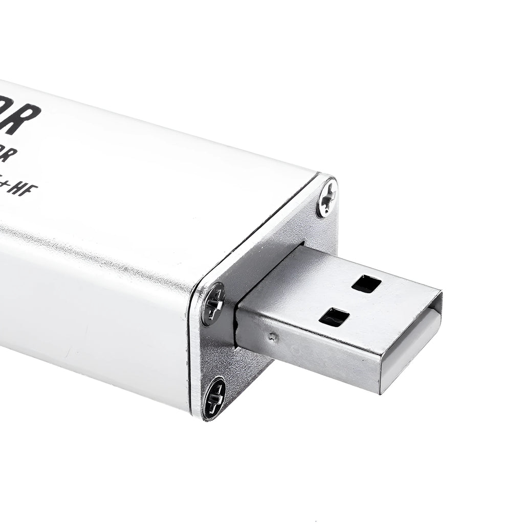 Black metal all-band software-defined radio SDR receiver with gold SMA connector for aviation and general radio scanning.