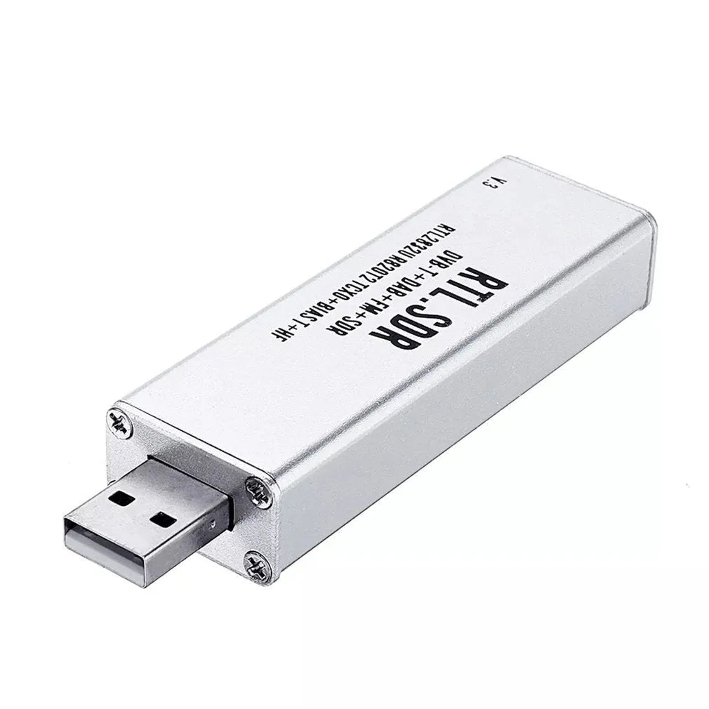 Black metal all-band software-defined radio SDR receiver with gold SMA connector for aviation and general radio scanning.