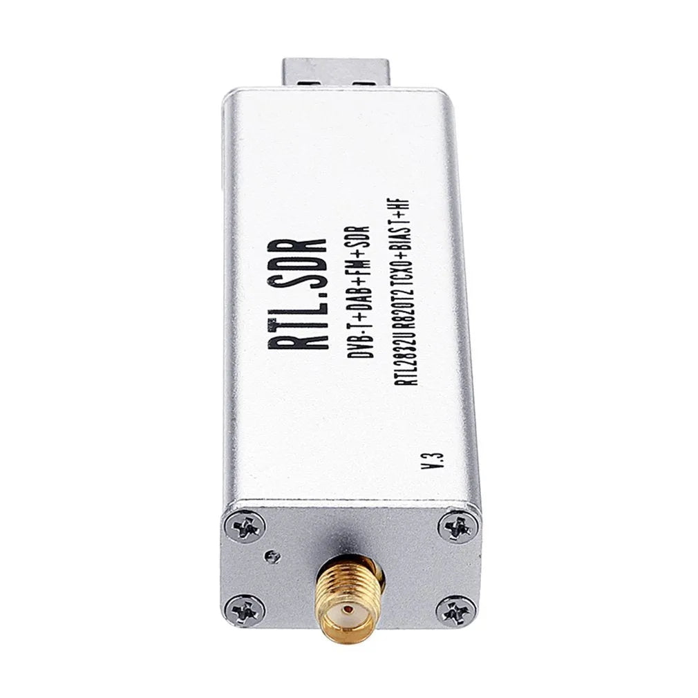 Black metal all-band software-defined radio SDR receiver with gold SMA connector for aviation and general radio scanning.
