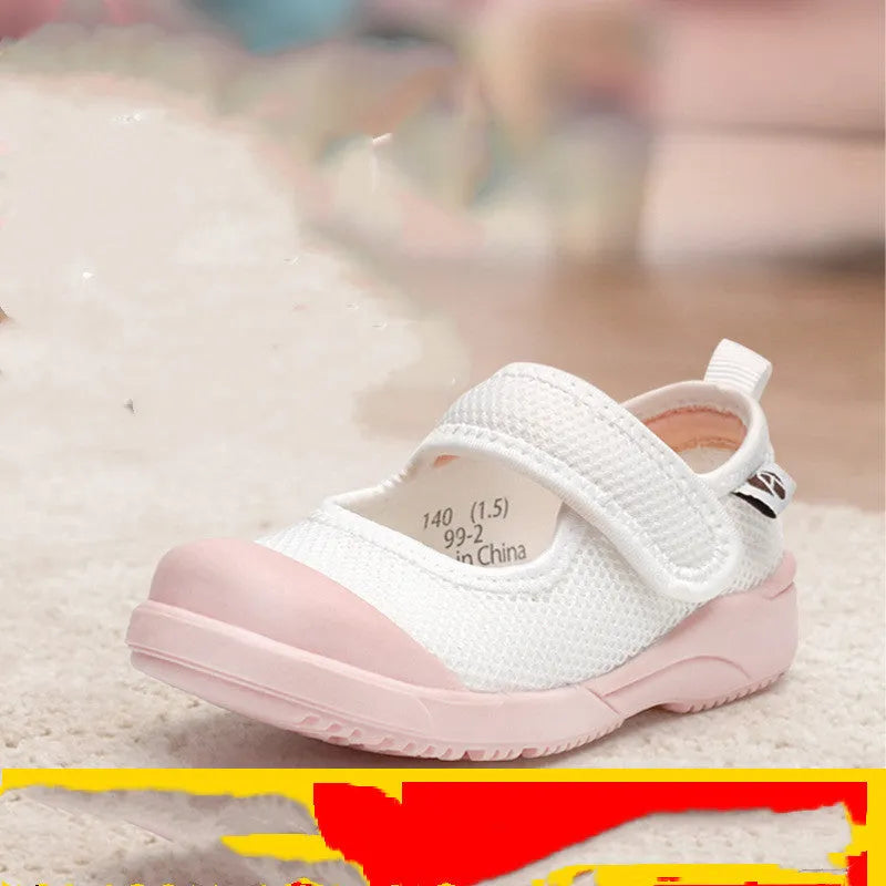 White children's cloth shoes with mesh upper and Velcro fastening for toddlers