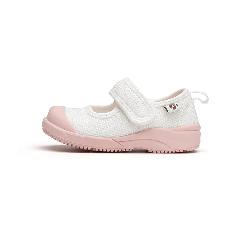 White children's cloth shoes with mesh upper and Velcro fastening for toddlers