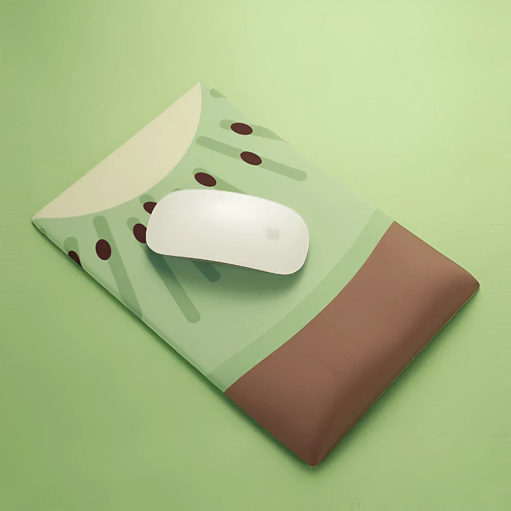 Soft thickened wrist mouse pad with colourful graphic print on fabric and a grey silicone non-slip base.