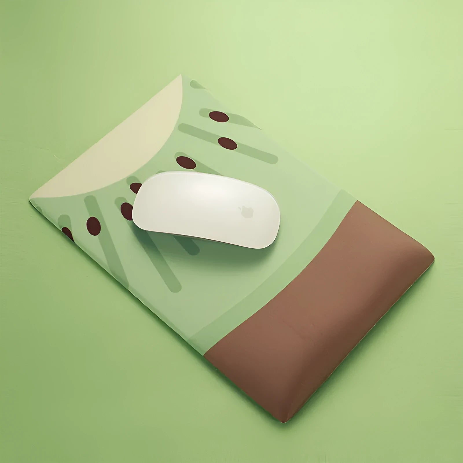 Soft thickened wrist mouse pad with colourful graphic print on fabric and a grey silicone non-slip base.