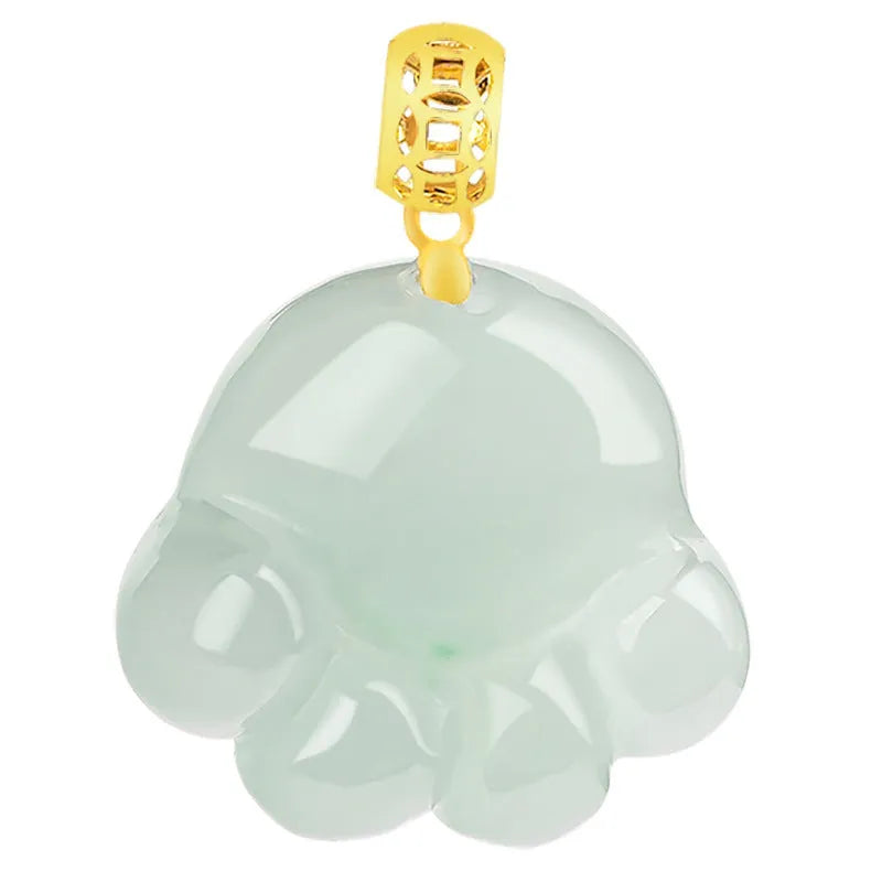 Emerald light green jade cat's paw pendant with 18K gold buckle and certificate on a white background