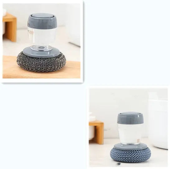 Kitchen palm brush with integrated push-type soap dispenser and bristles for scrubbing.