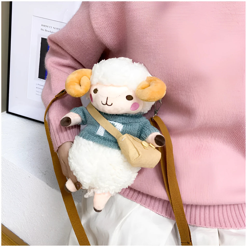Small square plush crossbody bag with lamb pattern in blue colour showing zipper opening