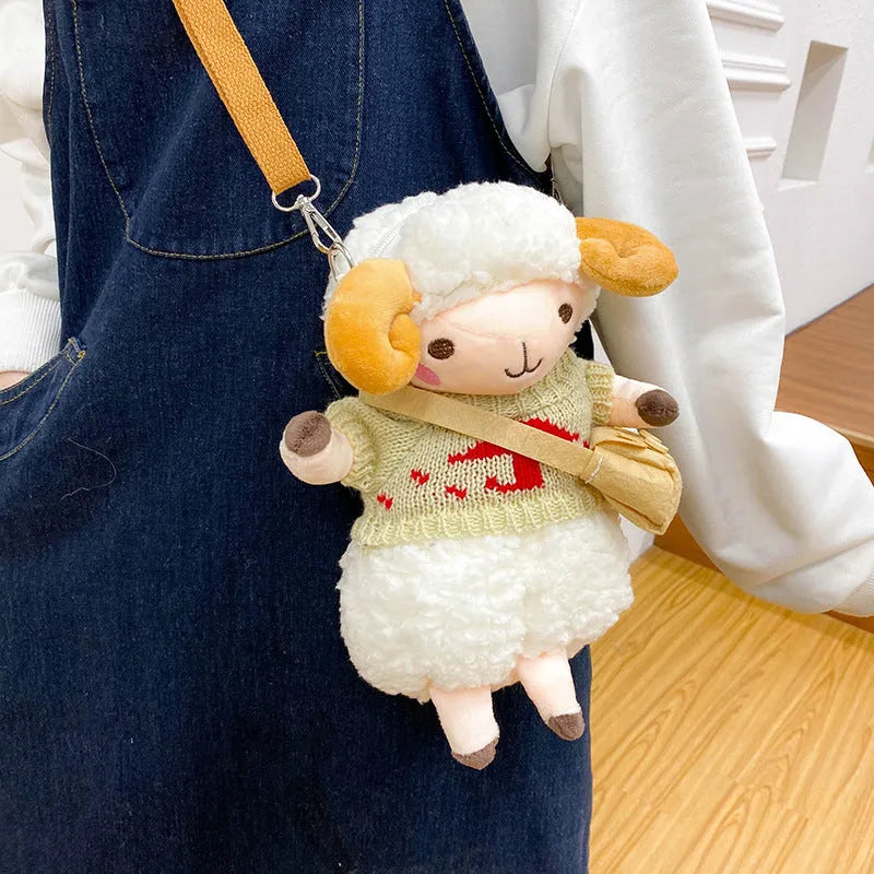 Small square plush crossbody bag with lamb pattern in blue colour showing zipper opening