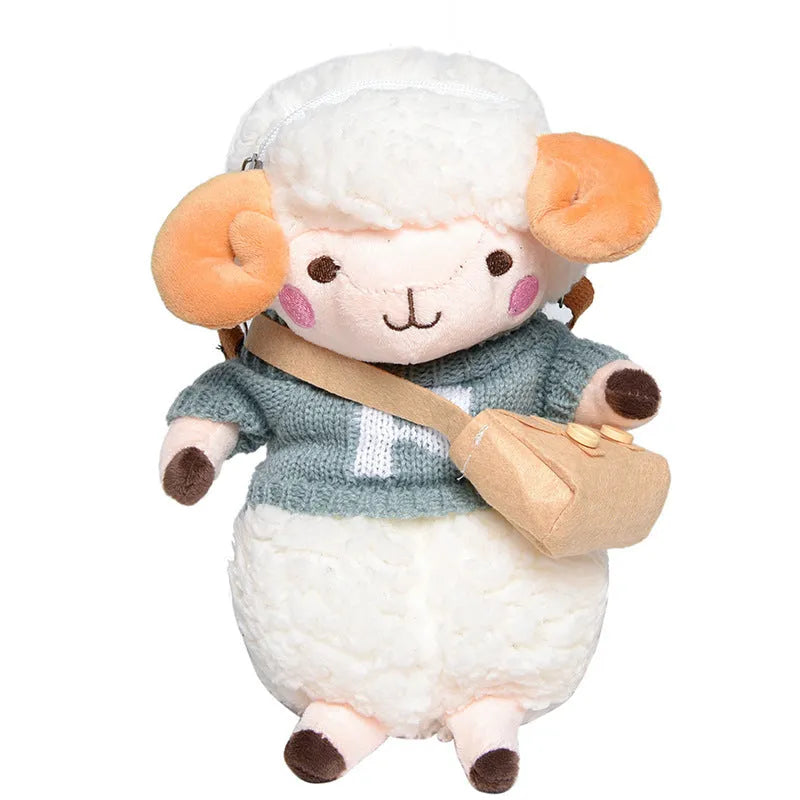 Small square plush crossbody bag with lamb pattern in blue colour showing zipper opening