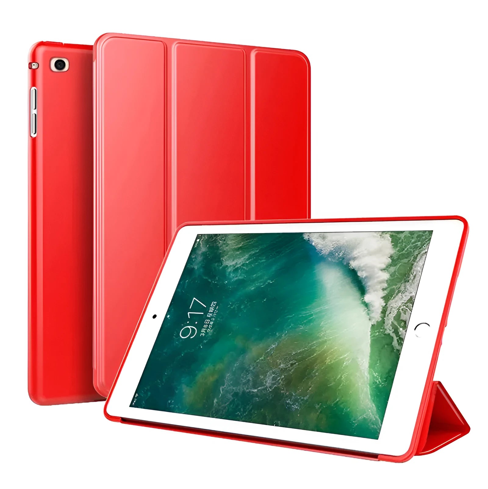 Black clamshell iPad case with integrated silicone stand open to show interior.