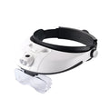 A person wearing a black LED headband magnifier with five acrylic lenses, using it for detailed hands-on repair work.