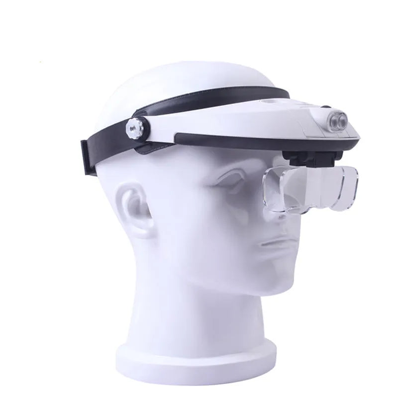 A person wearing a black LED headband magnifier with five acrylic lenses, using it for detailed hands-on repair work.