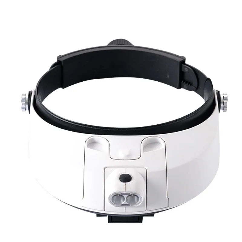 A person wearing a black LED headband magnifier with five acrylic lenses, using it for detailed hands-on repair work.