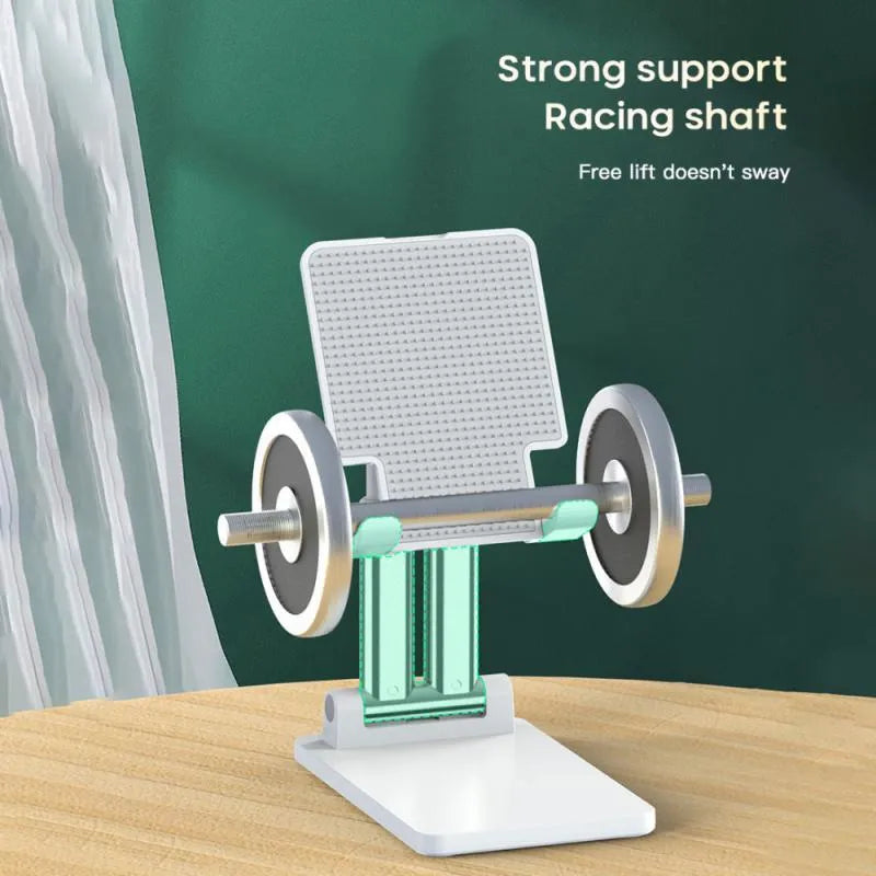 Black universal adjustable desk bracket holding smartphone with dual support rods