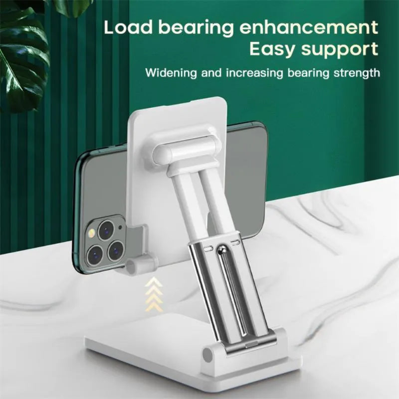 Black universal adjustable desk bracket holding smartphone with dual support rods