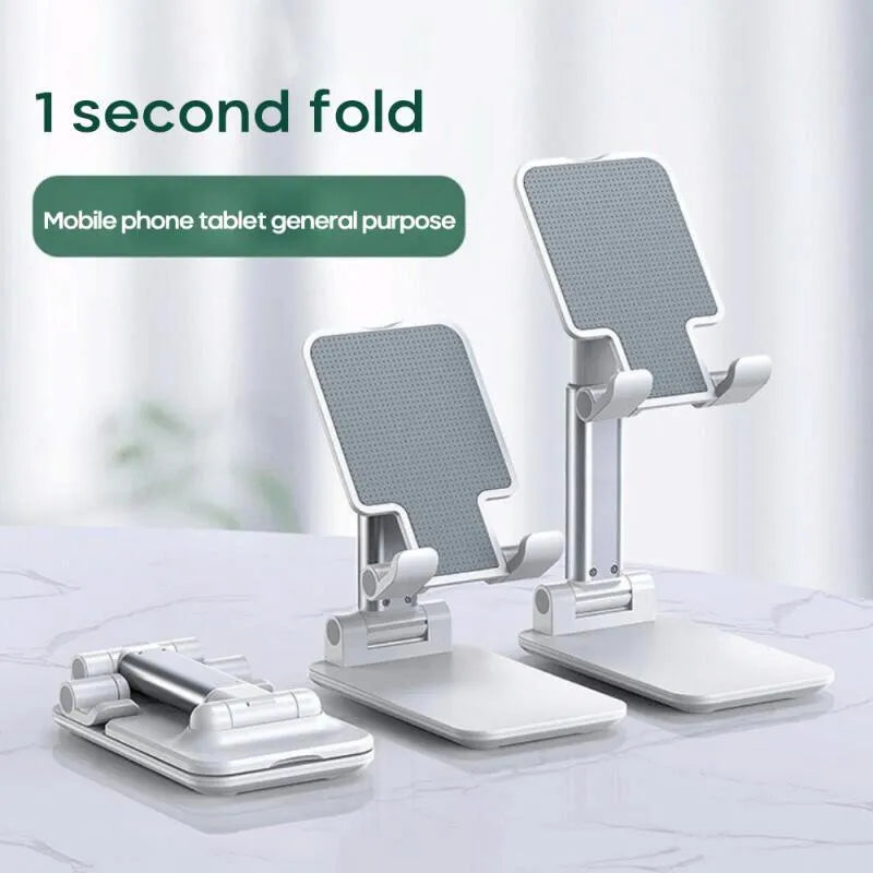 Black universal adjustable desk bracket holding smartphone with dual support rods