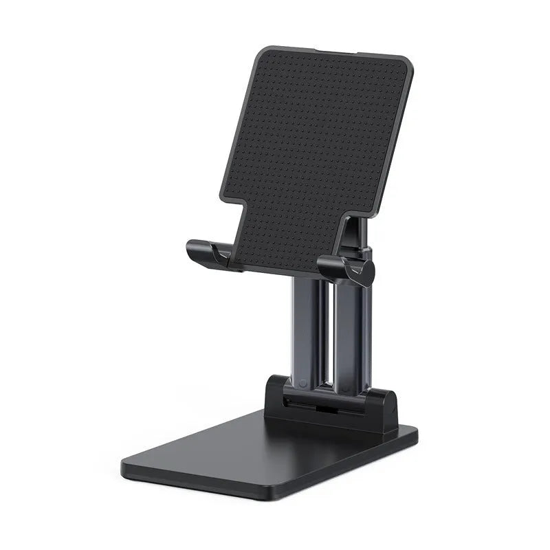 Black universal adjustable desk bracket holding smartphone with dual support rods