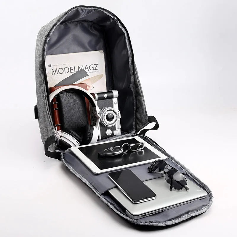 Fashion anti-theft backpack with USB port, air cushion strap, and 16-inch laptop compartment in black
