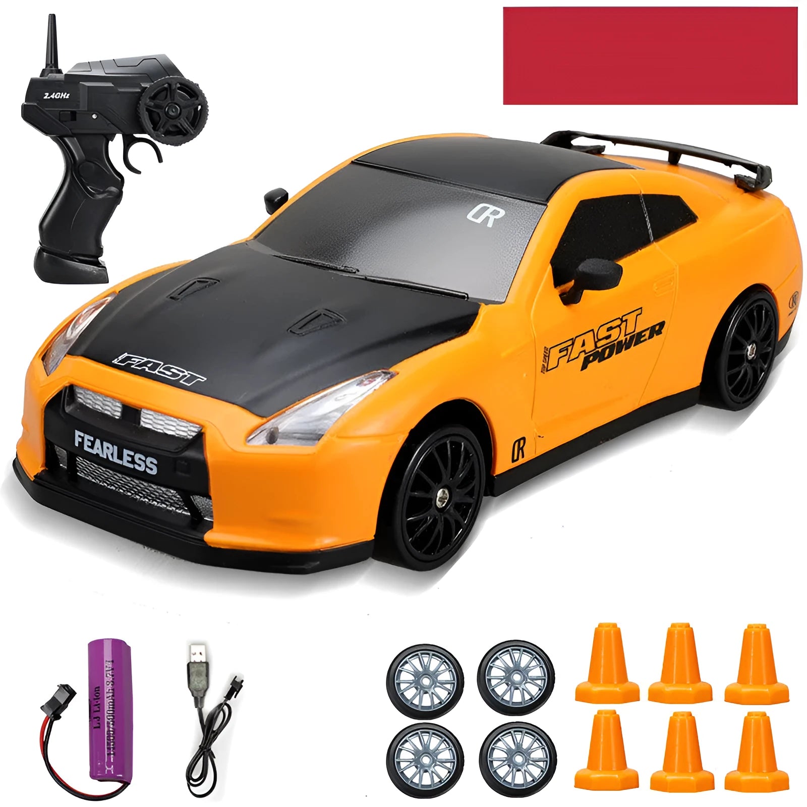 Huangbo red 4WD remote control drift car with wireless controller on a racing track