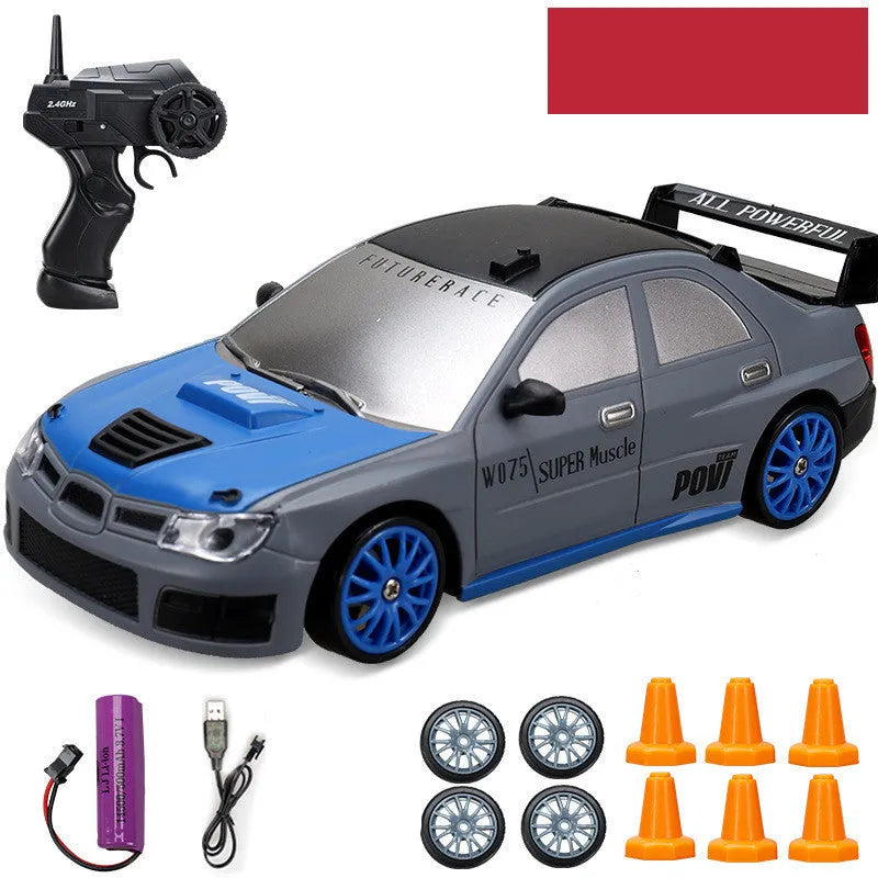 Huangbo red 4WD remote control drift car with wireless controller on a racing track