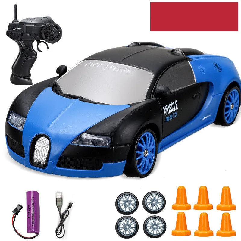 Huangbo red 4WD remote control drift car with wireless controller on a racing track