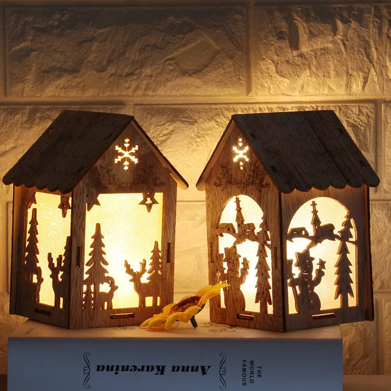 Three wooden Christmas house decorations: snowman, Santa Claus and bell designs in natural wood finish