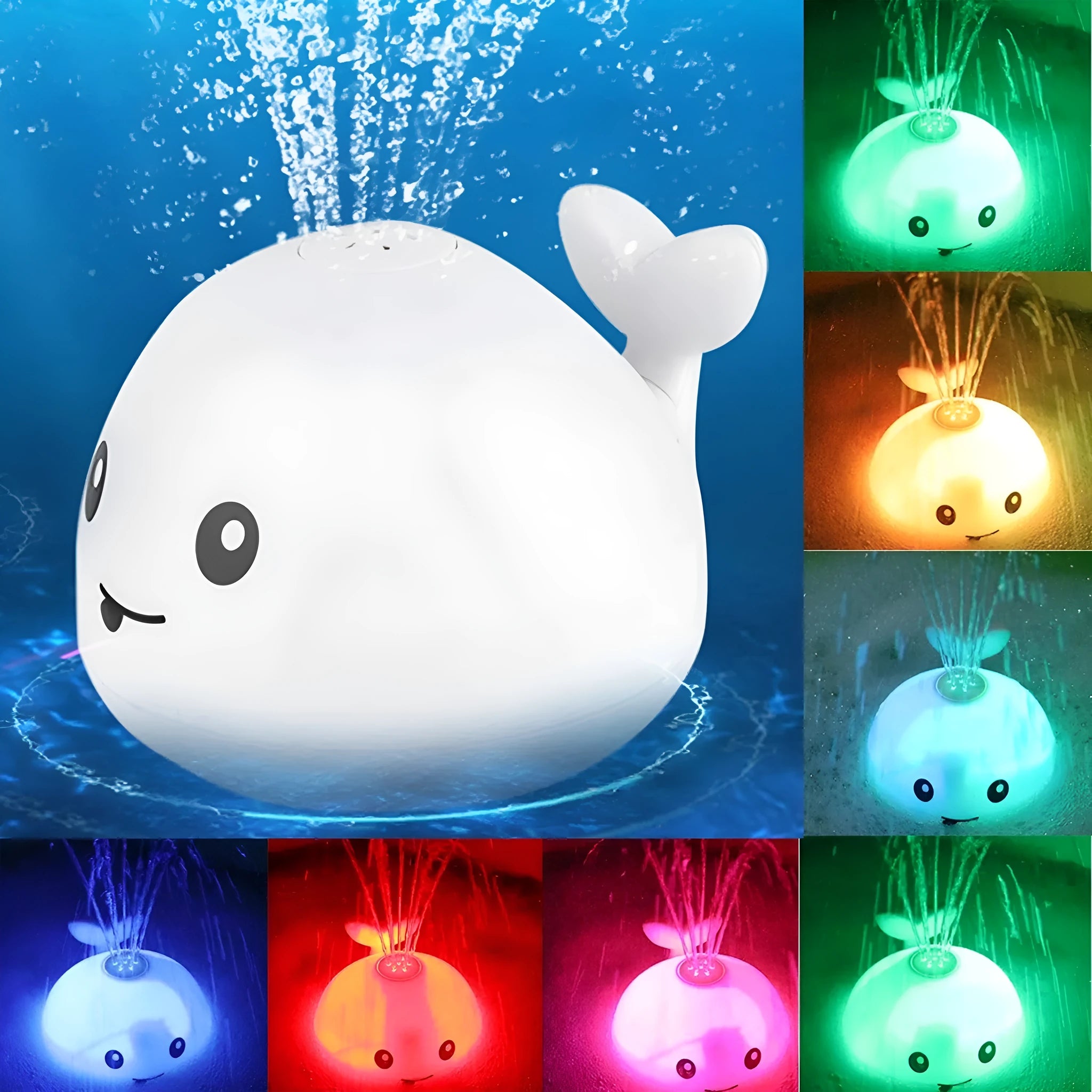 Grey or white cartoon whale bath toy that sprays water with LED lights and music