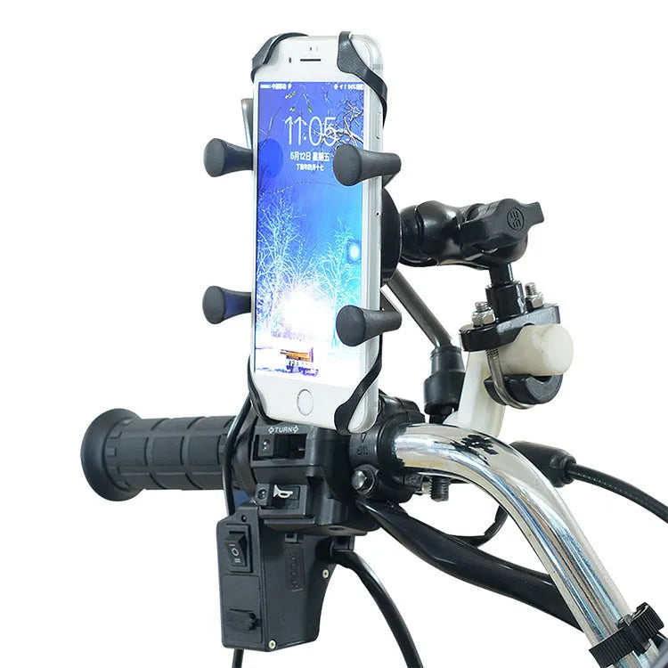 Black aluminium alloy motorcycle phone bracket mounted on a bike handlebar, adjustable for phones 3.5 to 6 inches.