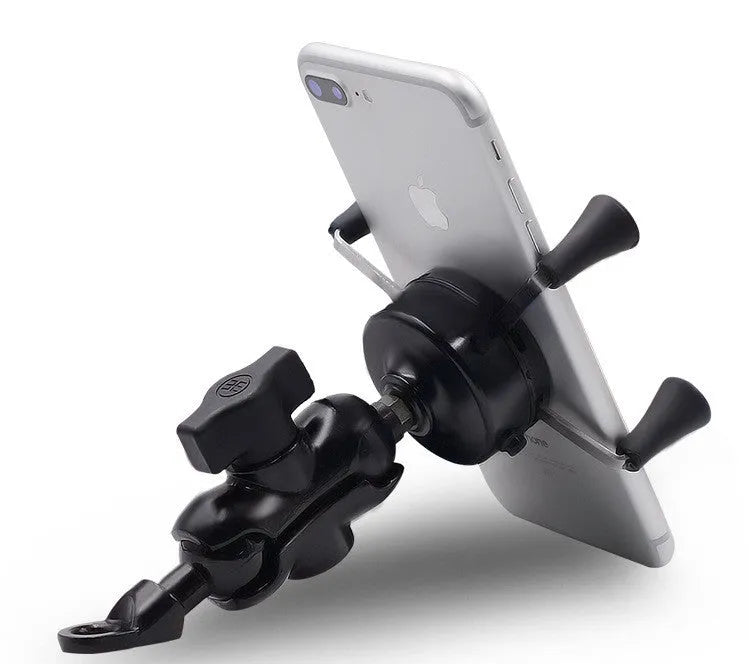 Black aluminium alloy motorcycle phone bracket mounted on a bike handlebar, adjustable for phones 3.5 to 6 inches.