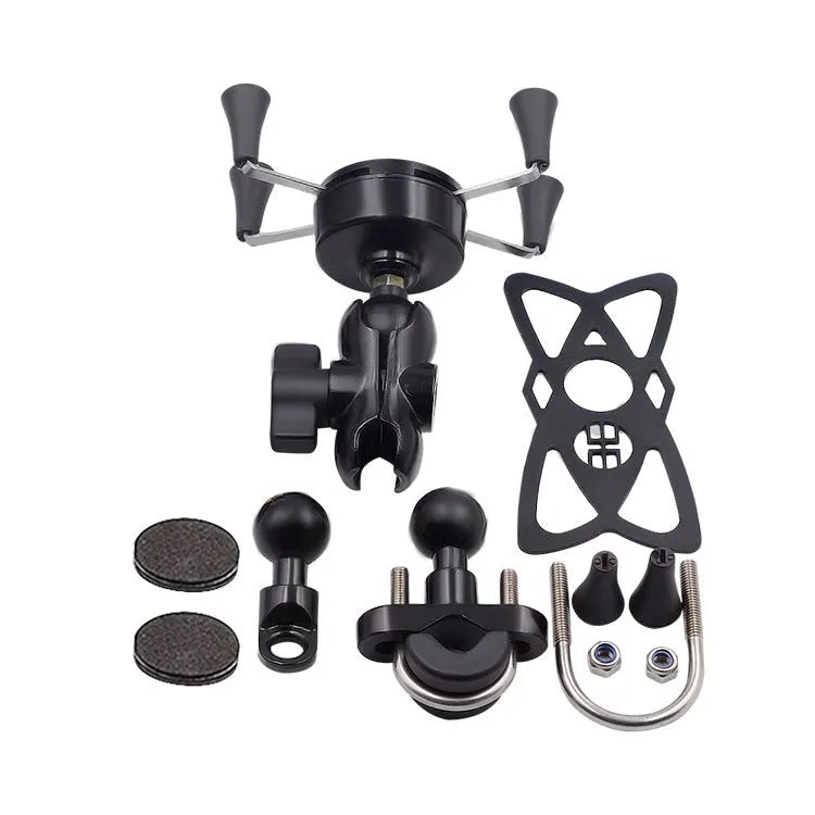 Black aluminium alloy motorcycle phone bracket mounted on a bike handlebar, adjustable for phones 3.5 to 6 inches.