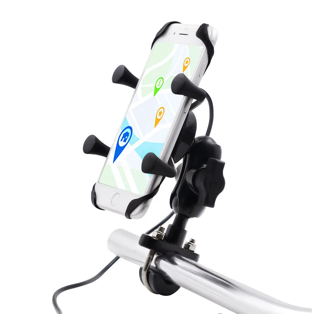 Black aluminium alloy motorcycle phone bracket mounted on a bike handlebar, adjustable for phones 3.5 to 6 inches.