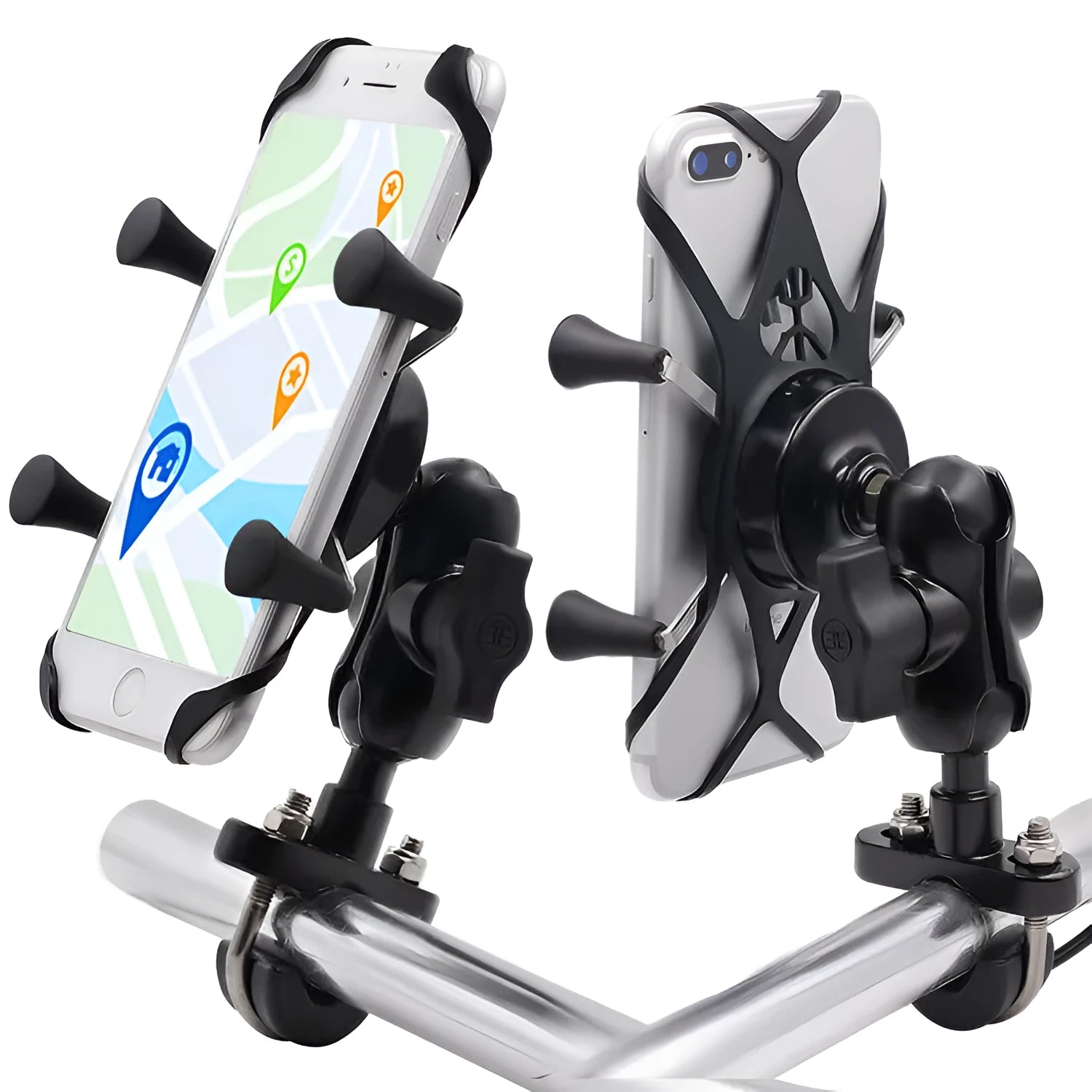 Black aluminium alloy motorcycle phone bracket mounted on a bike handlebar, adjustable for phones 3.5 to 6 inches.
