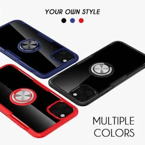 Black PU iPhone case with an integrated swivelling car holder arm attached to the back cover.