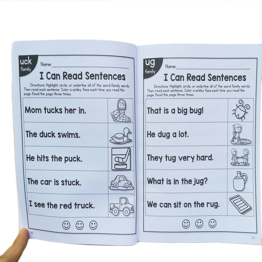 Children's English phonics reading worksheet showing A4 practice sheet with literacy exercises
