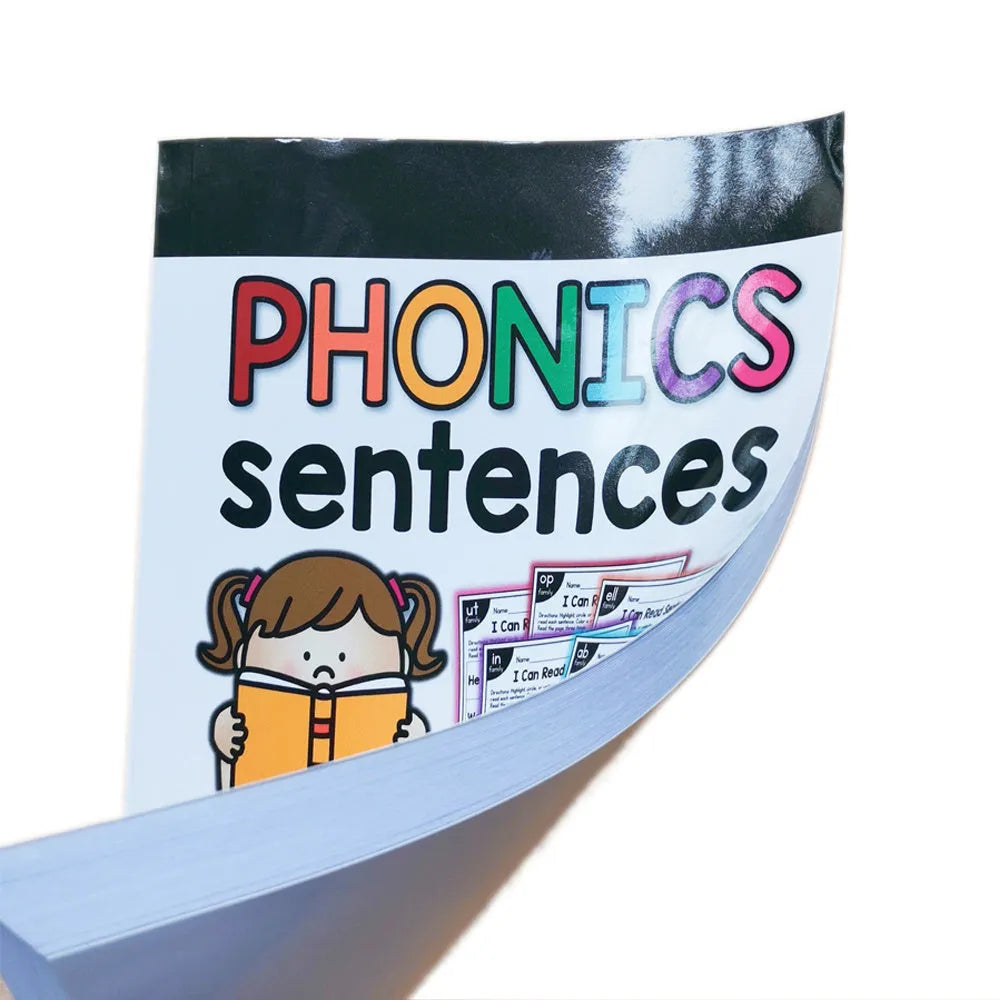 Children's English phonics reading worksheet showing A4 practice sheet with literacy exercises