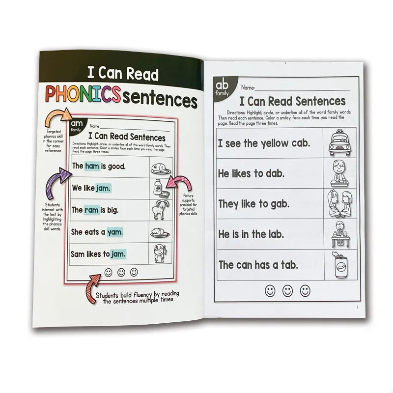 Children's English phonics reading worksheet showing A4 practice sheet with literacy exercises