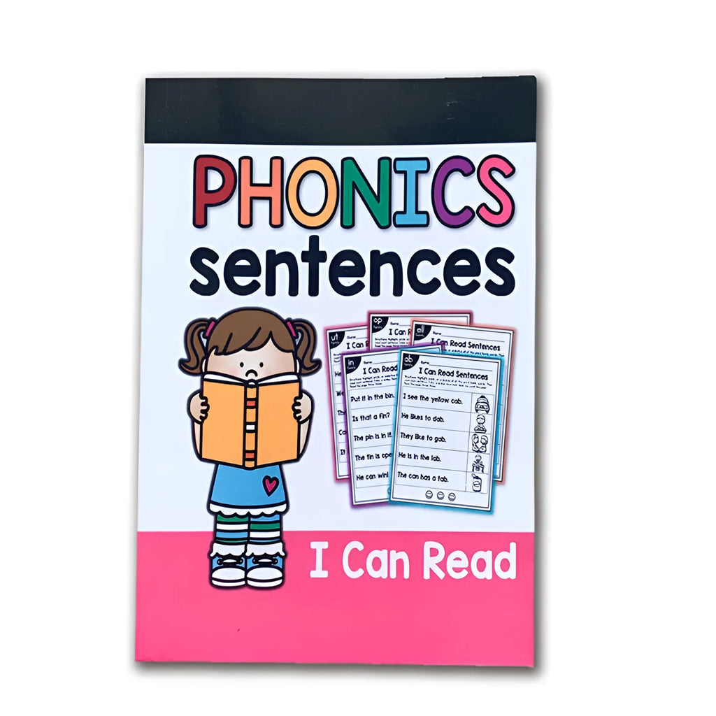 Children's English phonics reading worksheet showing A4 practice sheet with literacy exercises